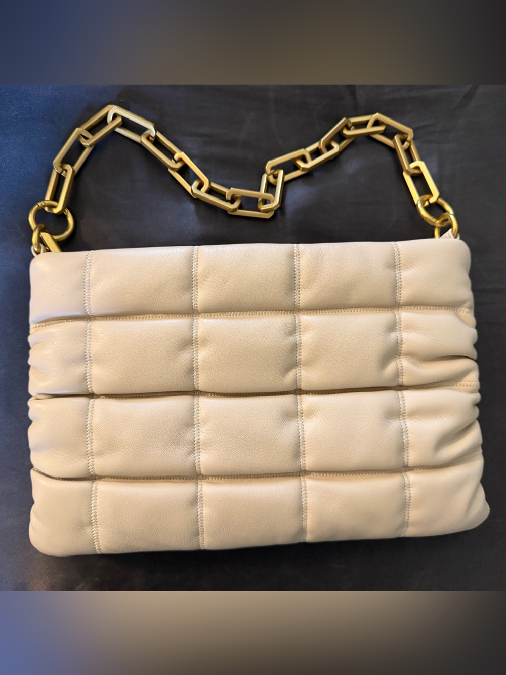 Antik Kraft Non Leather Quilted Puffer Shoulder/Hand Bag In Taupe w/Gold Chain